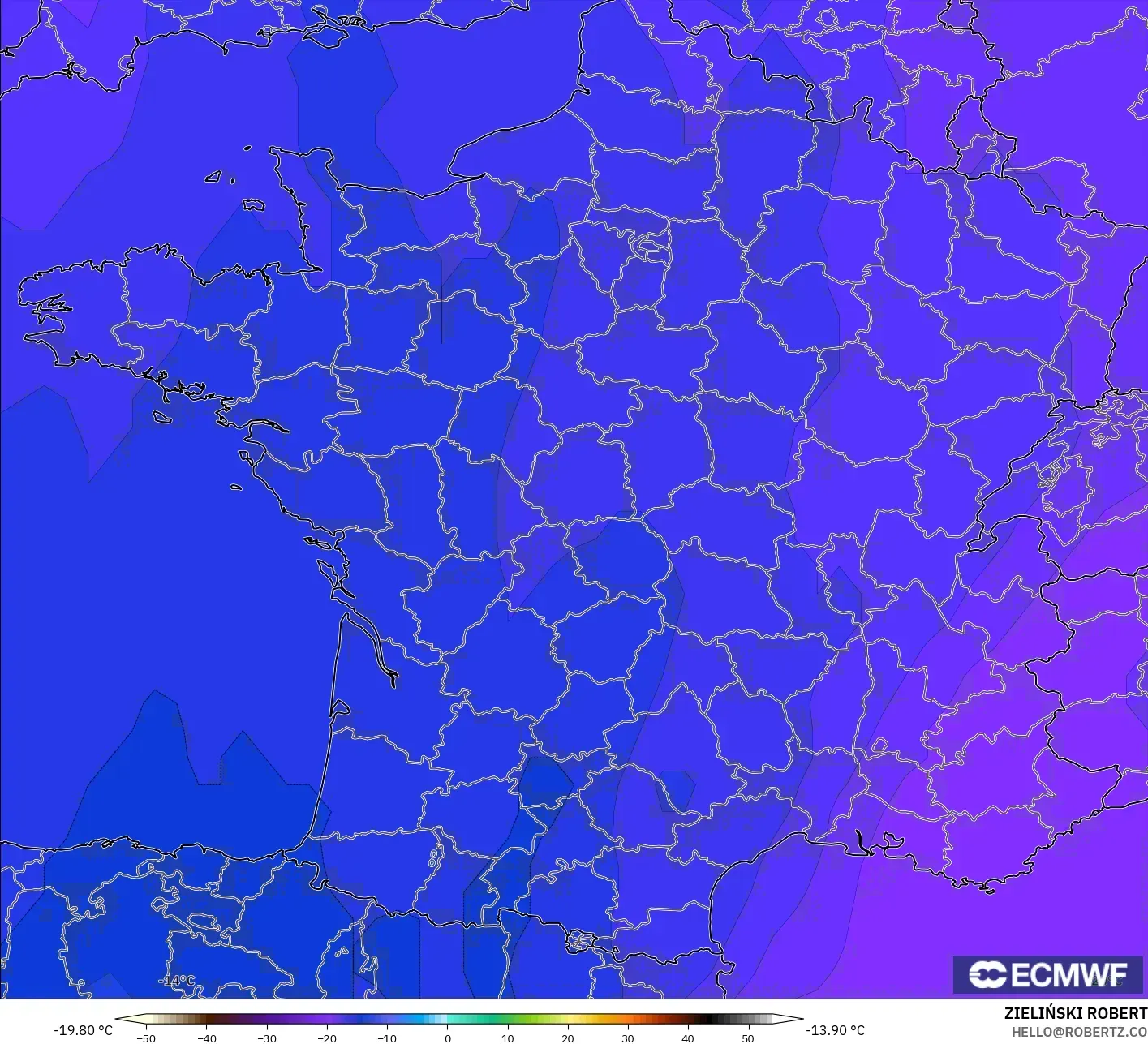 ECMWF IFS 0.25° نموذج - فرنسا, درجة الحرارة 500 hPa