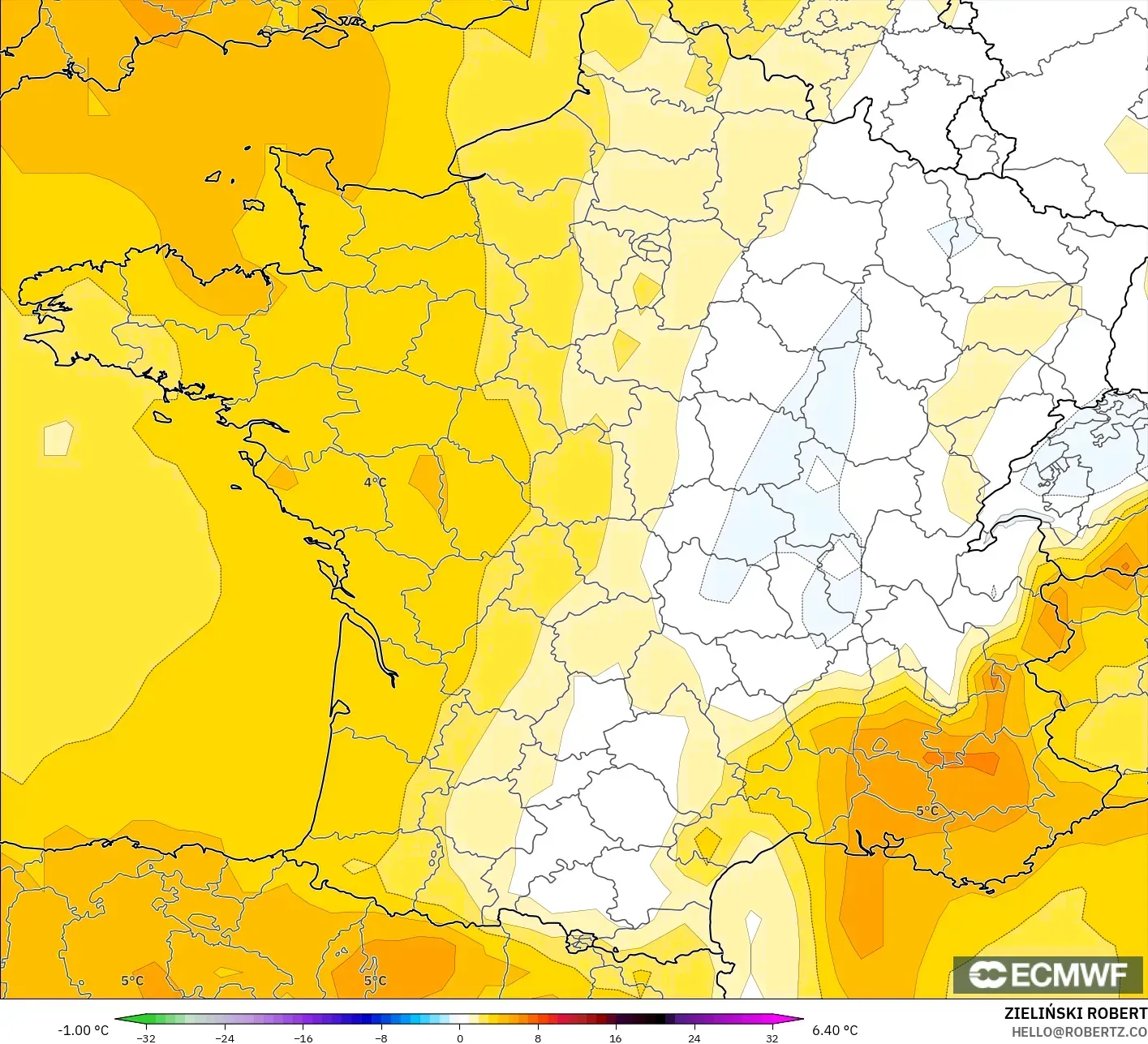 ECMWF IFS 0.25° نموذج - فرنسا, انحراف درجة الحرارة 850 hPa