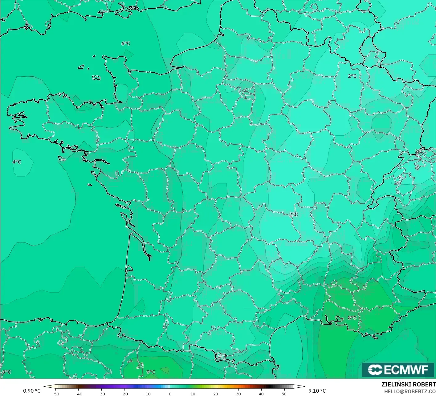 ECMWF IFS 0.25° نموذج - فرنسا, درجة الحرارة 850 hPa