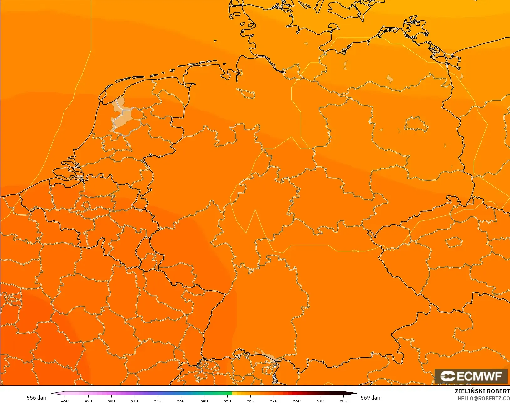 ECMWF IFS 0.25° model - Germany, Geopotential height at 500hPa