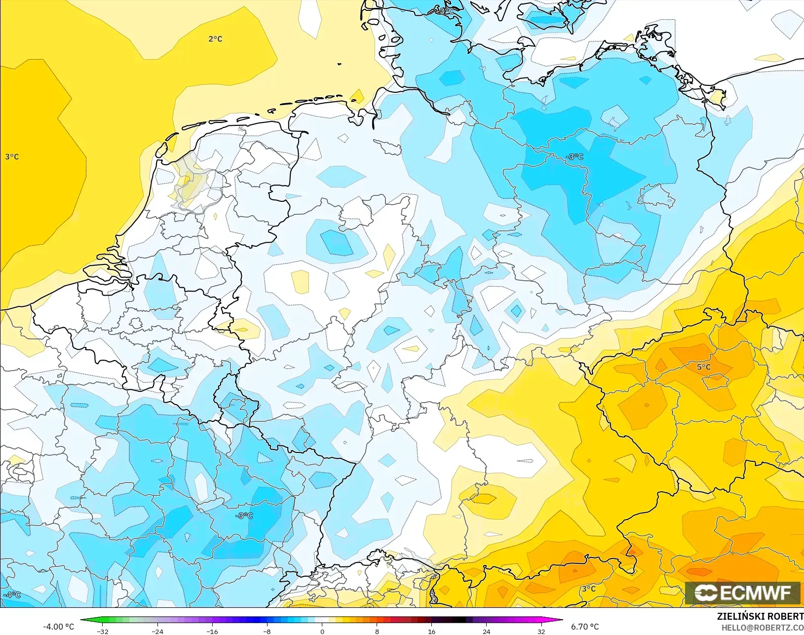 ECMWF IFS 0.25° model - Germany, Temperature at 2m Anomaly