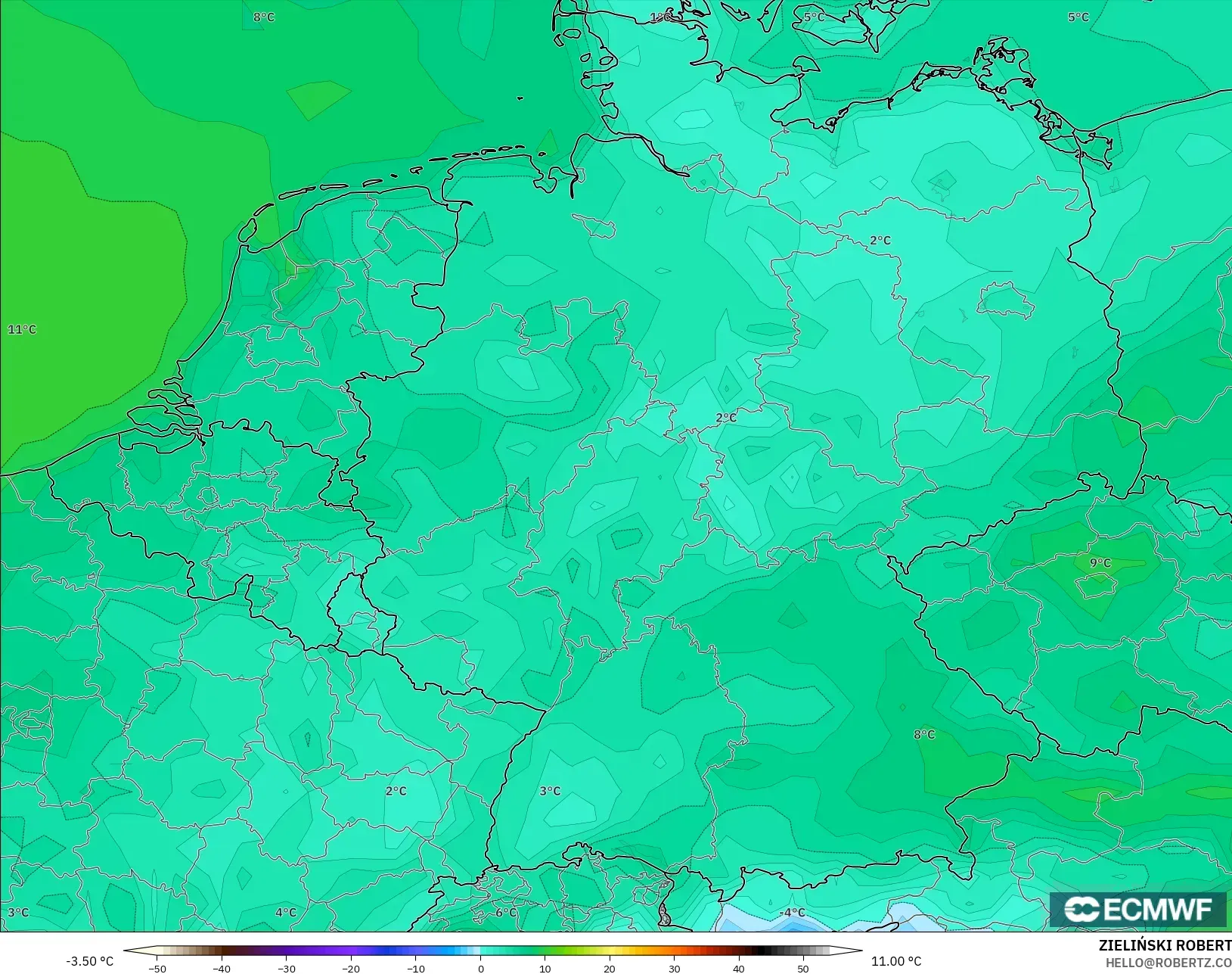 ECMWF IFS 0.25° نموذج - ألمانيا, درجة الحرارة على ارتفاع 2 م