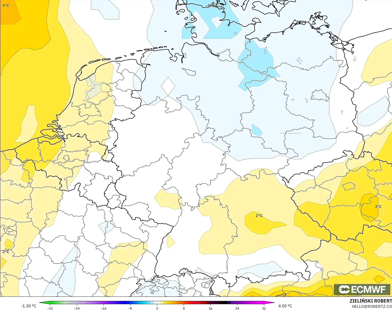 ECMWF IFS 0.25° نموذج - ألمانيا, انحراف درجة الحرارة 850 hPa