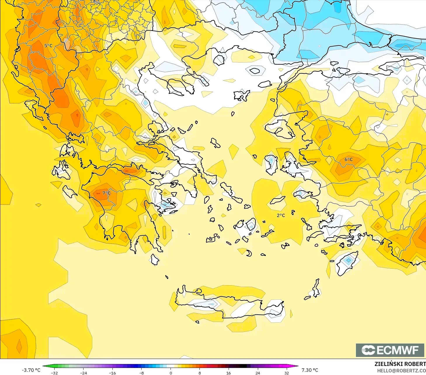 ECMWF IFS 0.25° نموذج - اليونان, انحراف درجة الحرارة 2 م