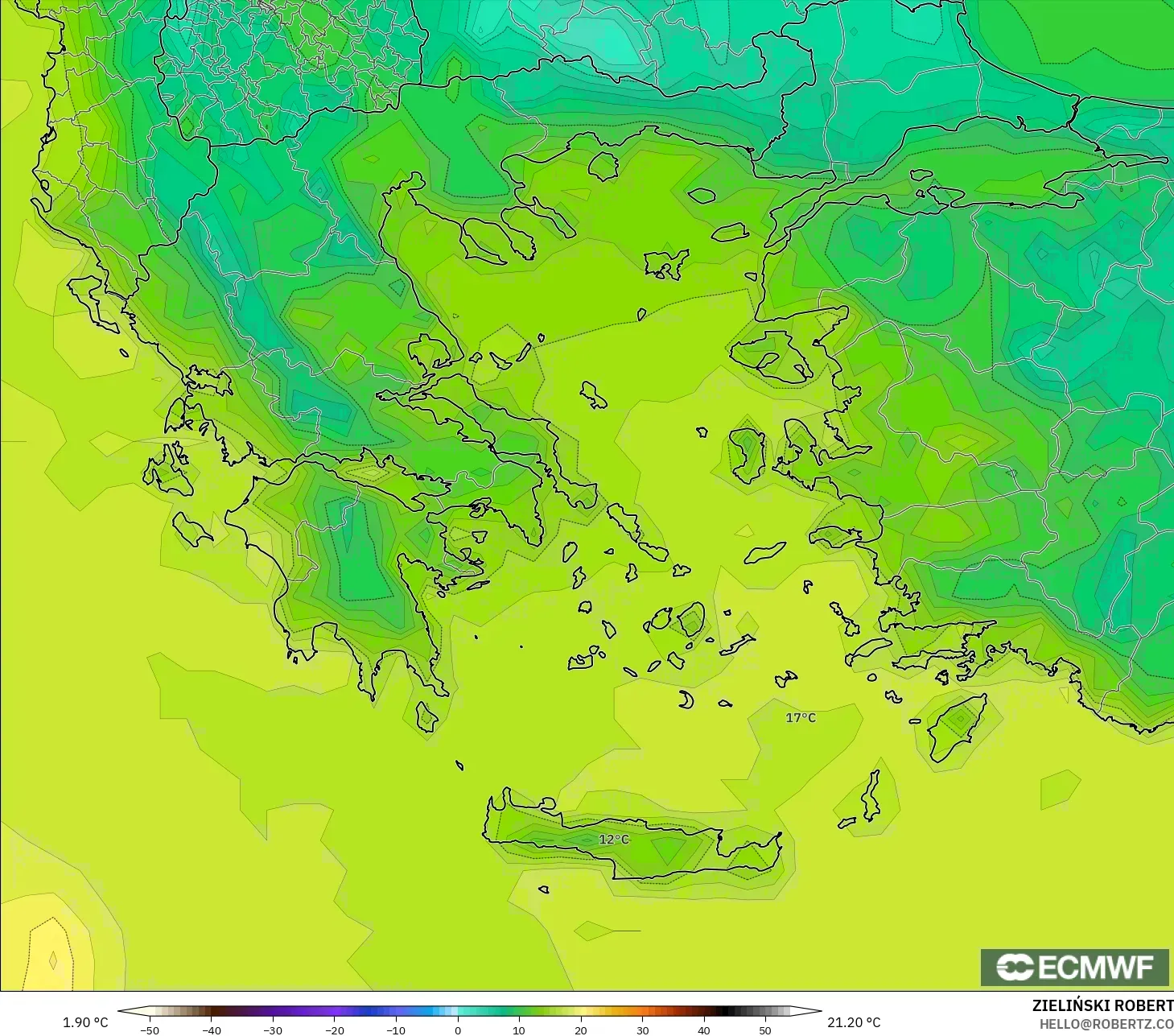 ECMWF IFS 0.25° نموذج - اليونان, درجة الحرارة على ارتفاع 2 م
