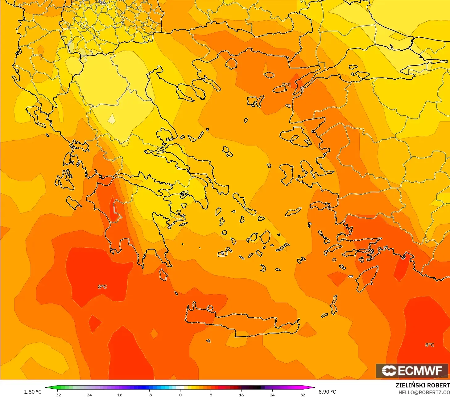 ECMWF IFS 0.25° نموذج - اليونان, انحراف درجة الحرارة 850 hPa