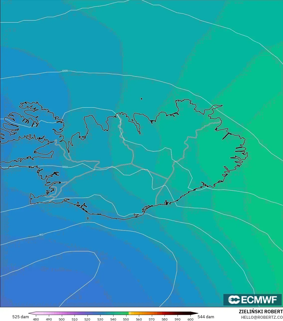 ECMWF IFS 0.25° model - Iceland, Geopotential height at 500hPa