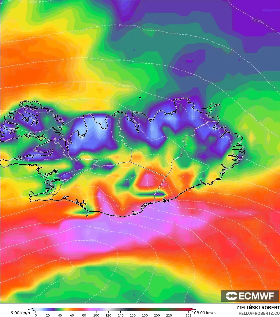 ECMWF IFS 0.25° نموذج - آيسلندا, هبات الرياح