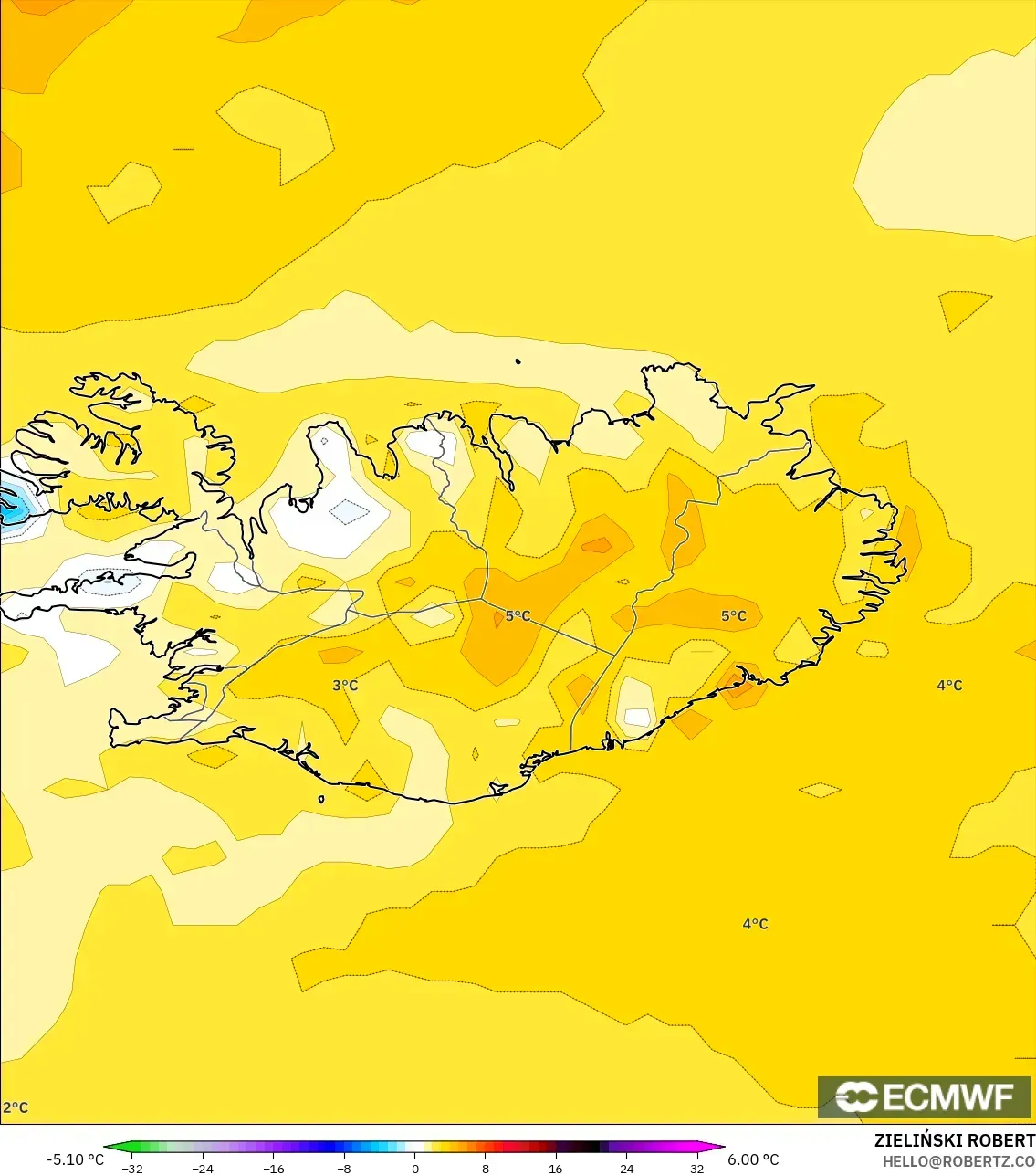 ECMWF IFS 0.25° نموذج - آيسلندا, انحراف درجة الحرارة 2 م