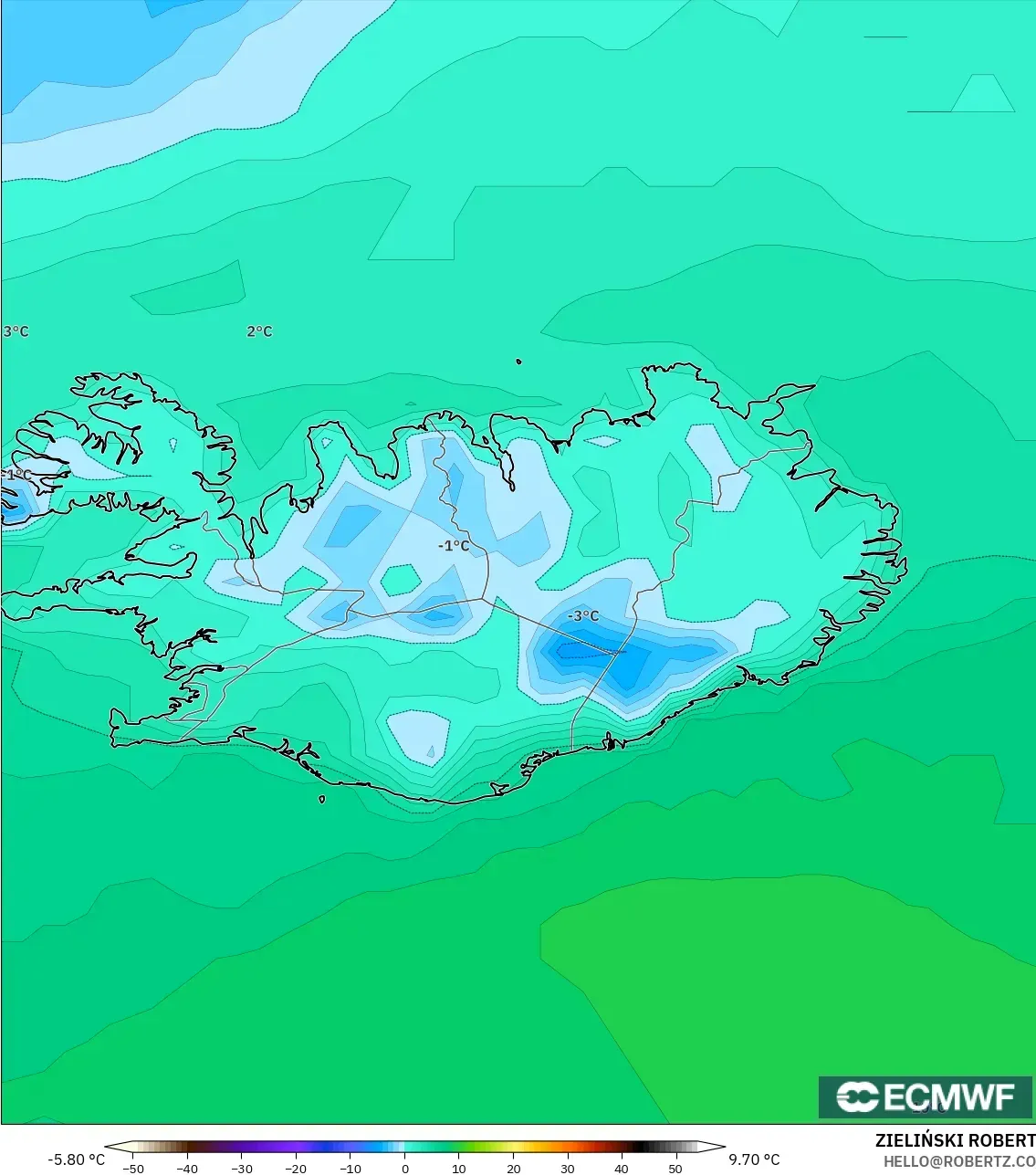 ECMWF IFS 0.25° نموذج - آيسلندا, درجة الحرارة على ارتفاع 2 م