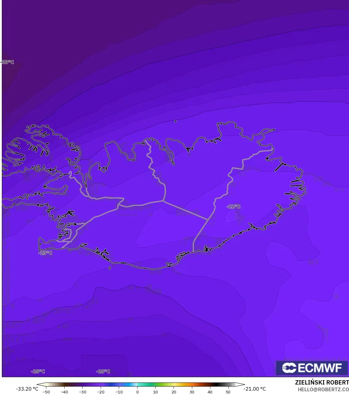 ECMWF IFS 0.25° نموذج - آيسلندا, درجة الحرارة 500 hPa