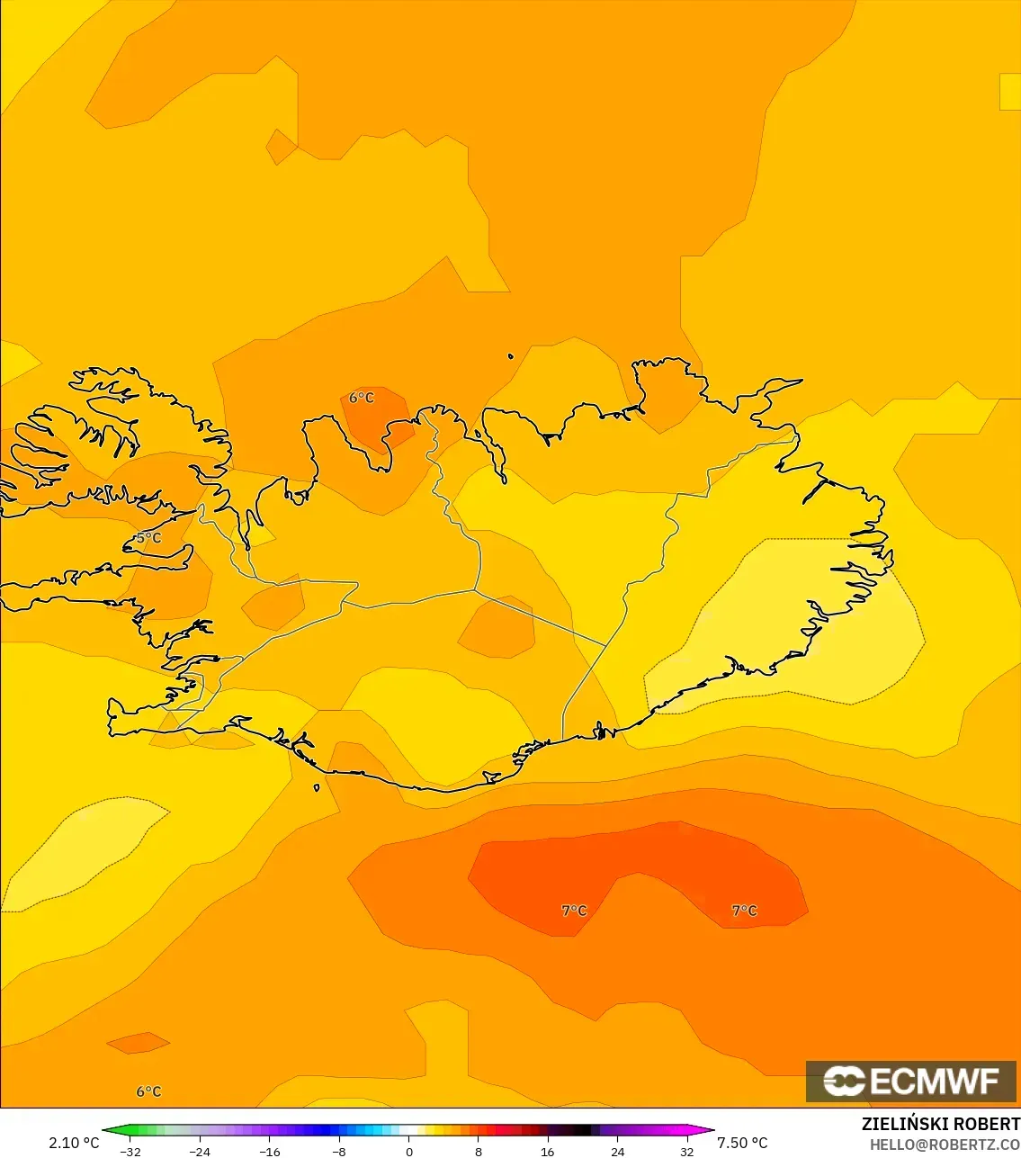 ECMWF IFS 0.25° نموذج - آيسلندا, انحراف درجة الحرارة 850 hPa
