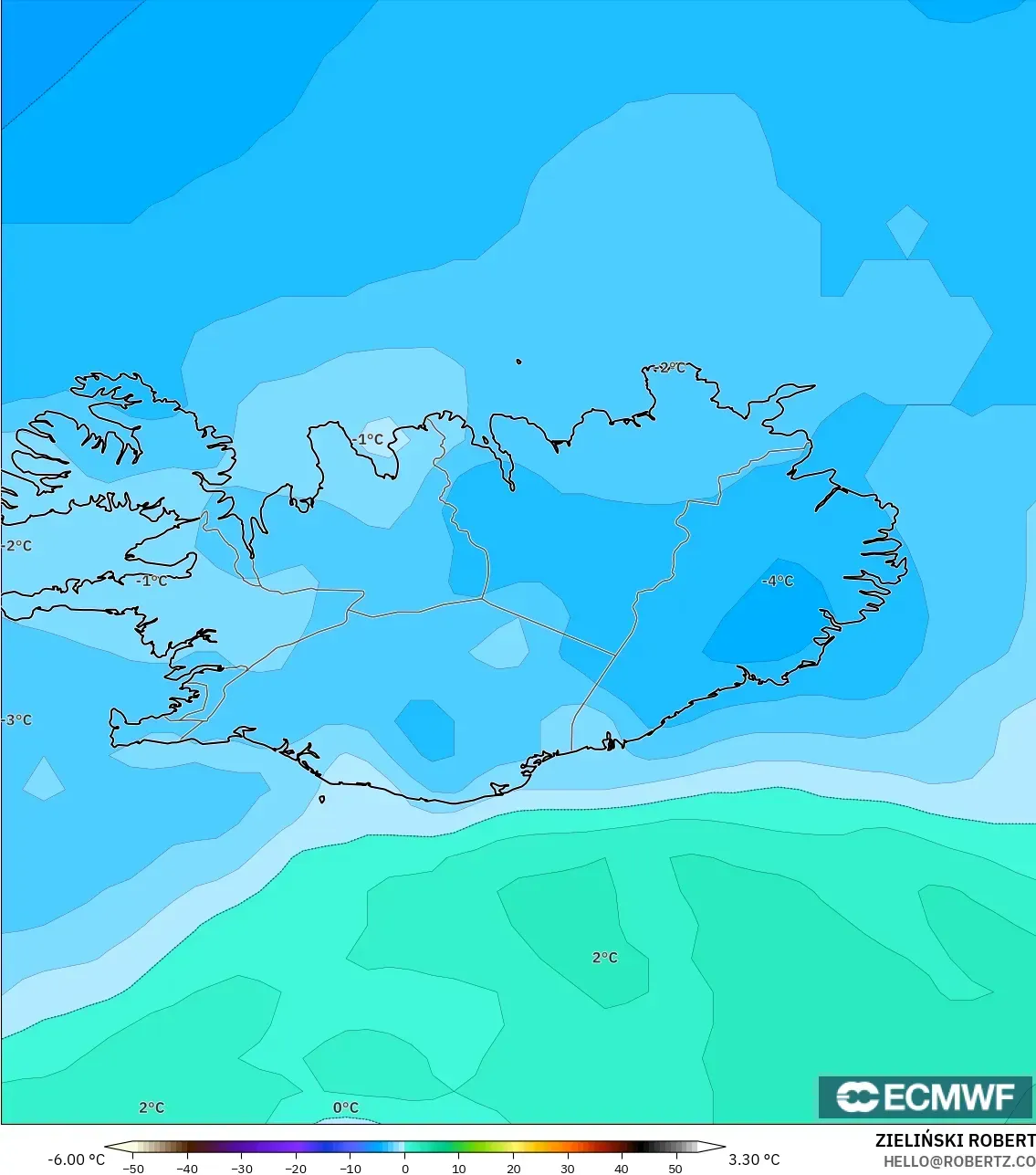 ECMWF IFS 0.25° نموذج - آيسلندا, درجة الحرارة 850 hPa