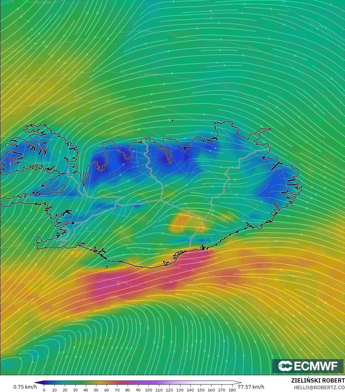 ECMWF IFS 0.25° نموذج - آيسلندا, رياح 10 م
