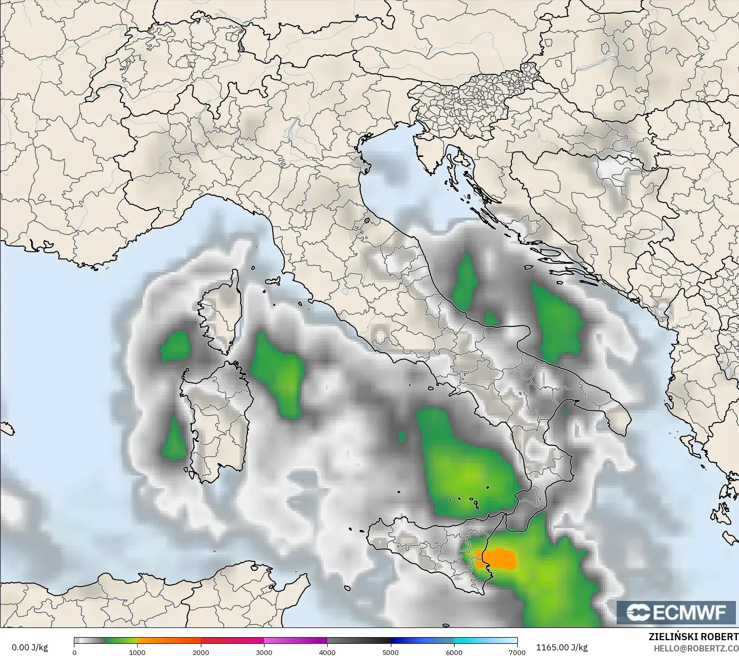 ECMWF IFS 0.25° model - Italy, CAPE