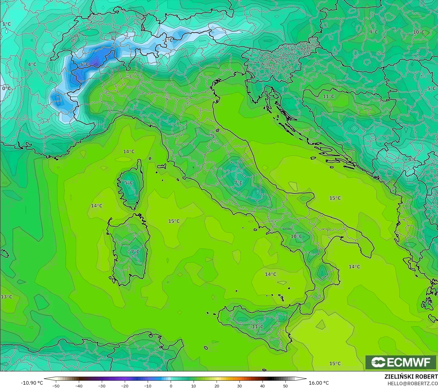 ECMWF IFS 0.25° نموذج - إيطاليا, نقطة الندى 2 م