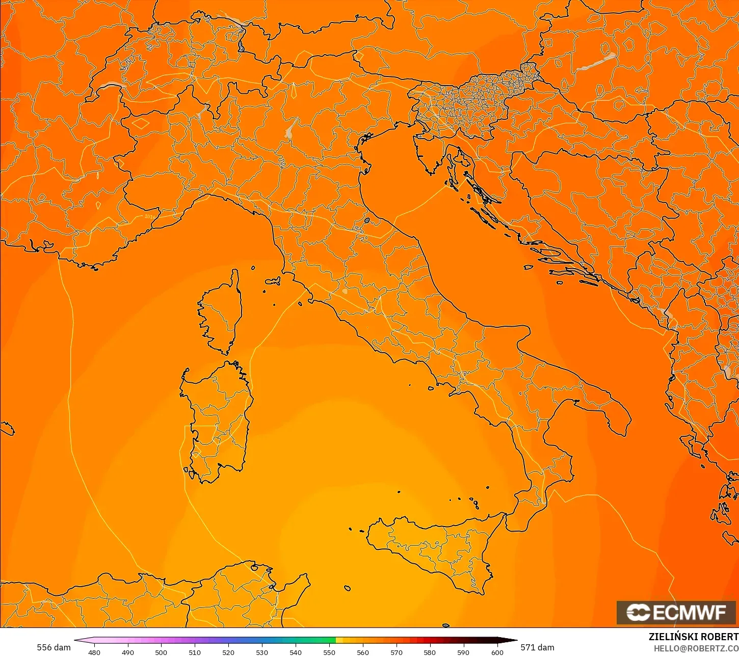 ECMWF IFS 0.25° model - Italy, Geopotential height at 500hPa