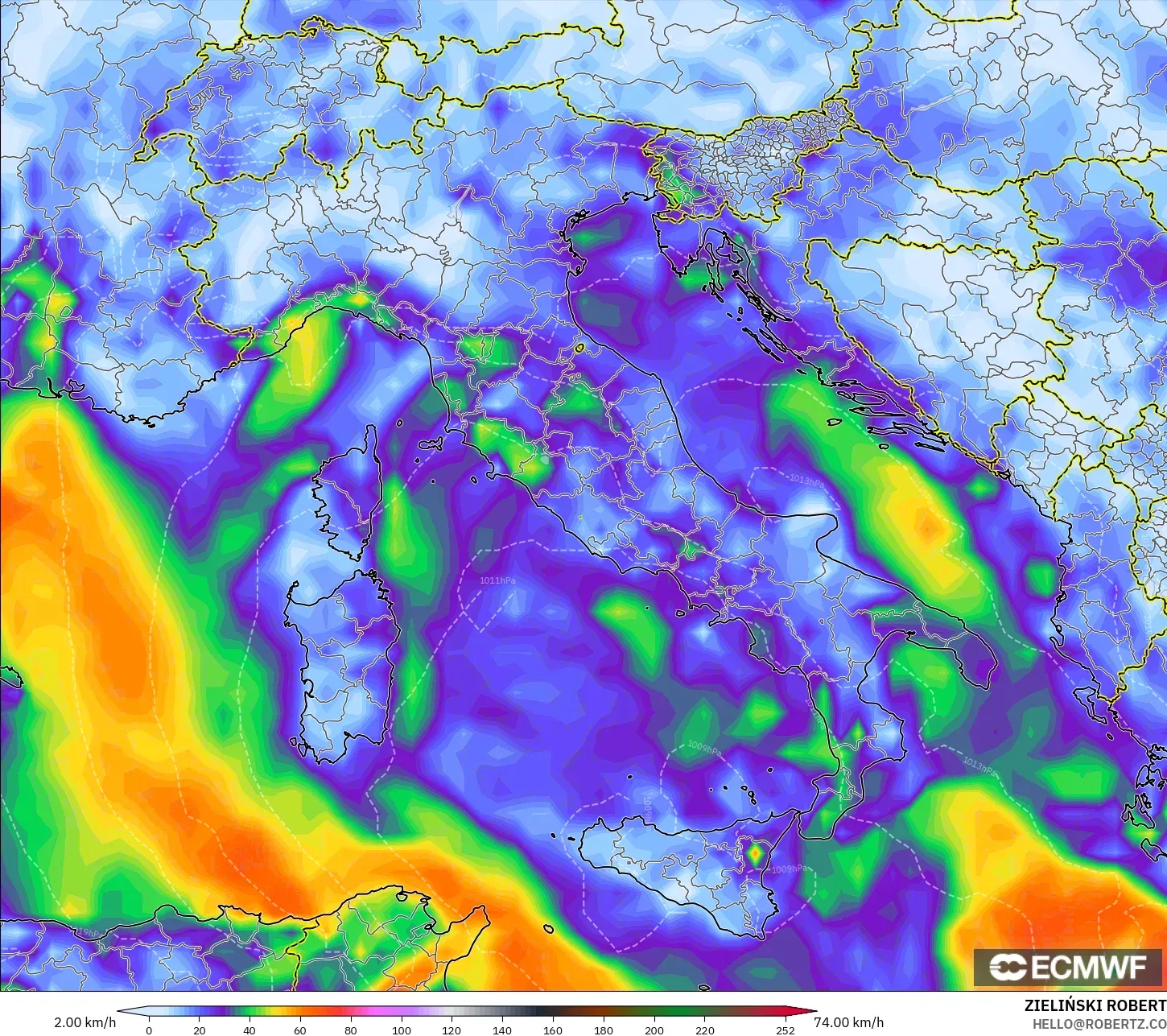ECMWF IFS 0.25° نموذج - إيطاليا, هبات الرياح