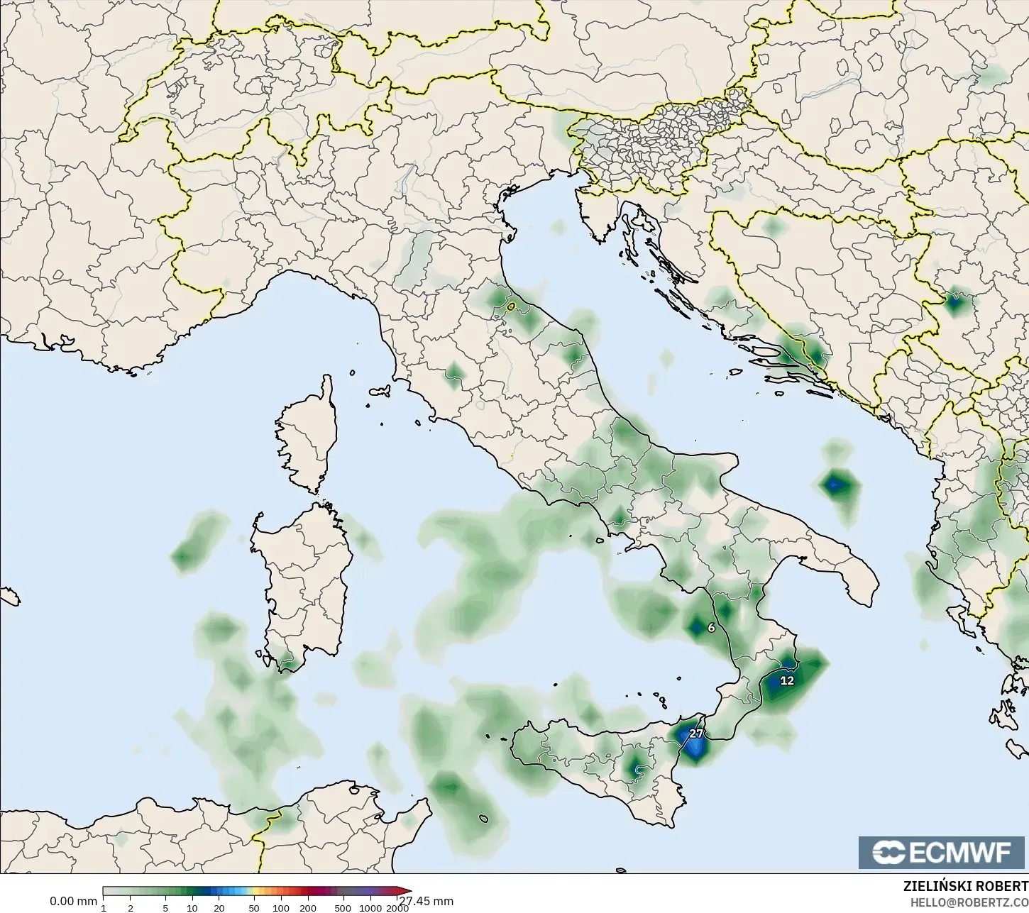 ECMWF IFS 0.25° نموذج - إيطاليا, تراكم الهطول