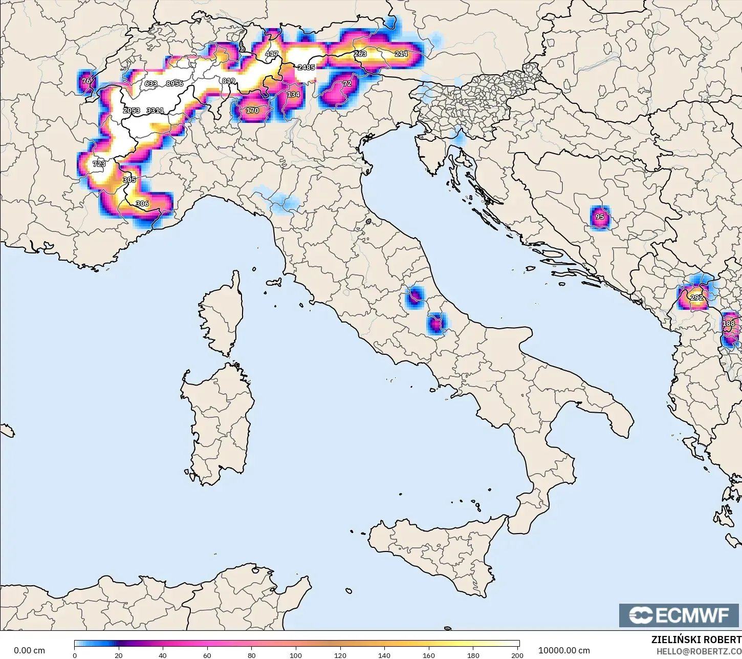 ECMWF IFS 0.25° نموذج - إيطاليا, عمق الثلج