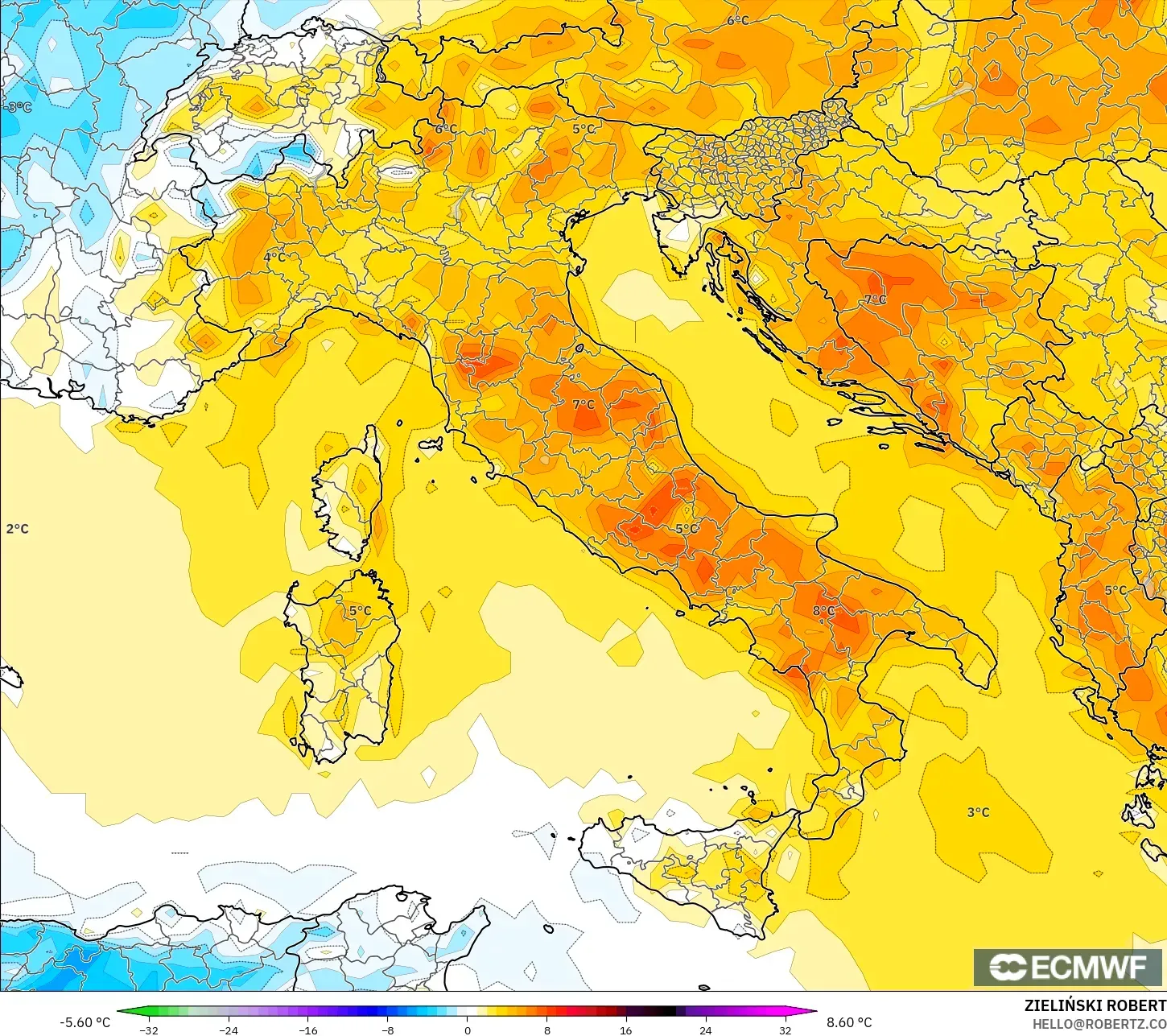 ECMWF IFS 0.25° model - Italy, Temperature at 2m Anomaly
