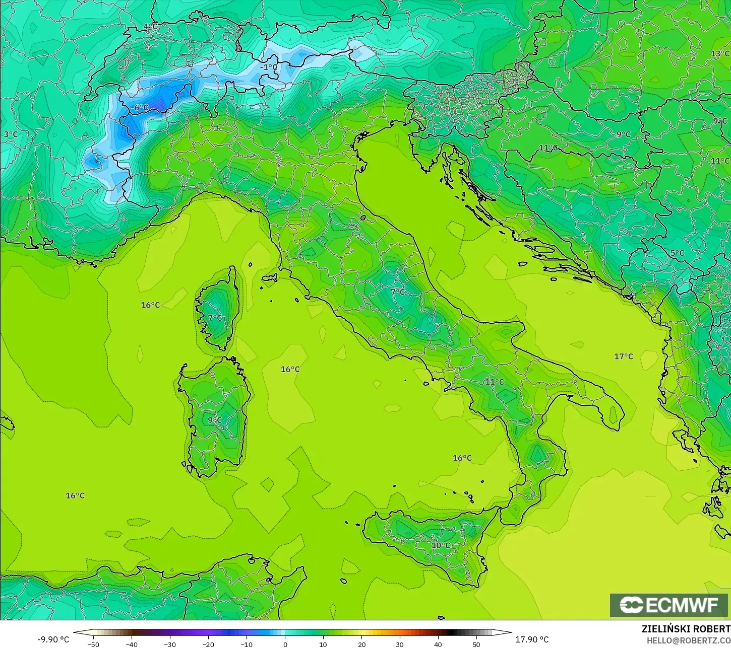 ECMWF IFS 0.25° نموذج - إيطاليا, درجة الحرارة على ارتفاع 2 م