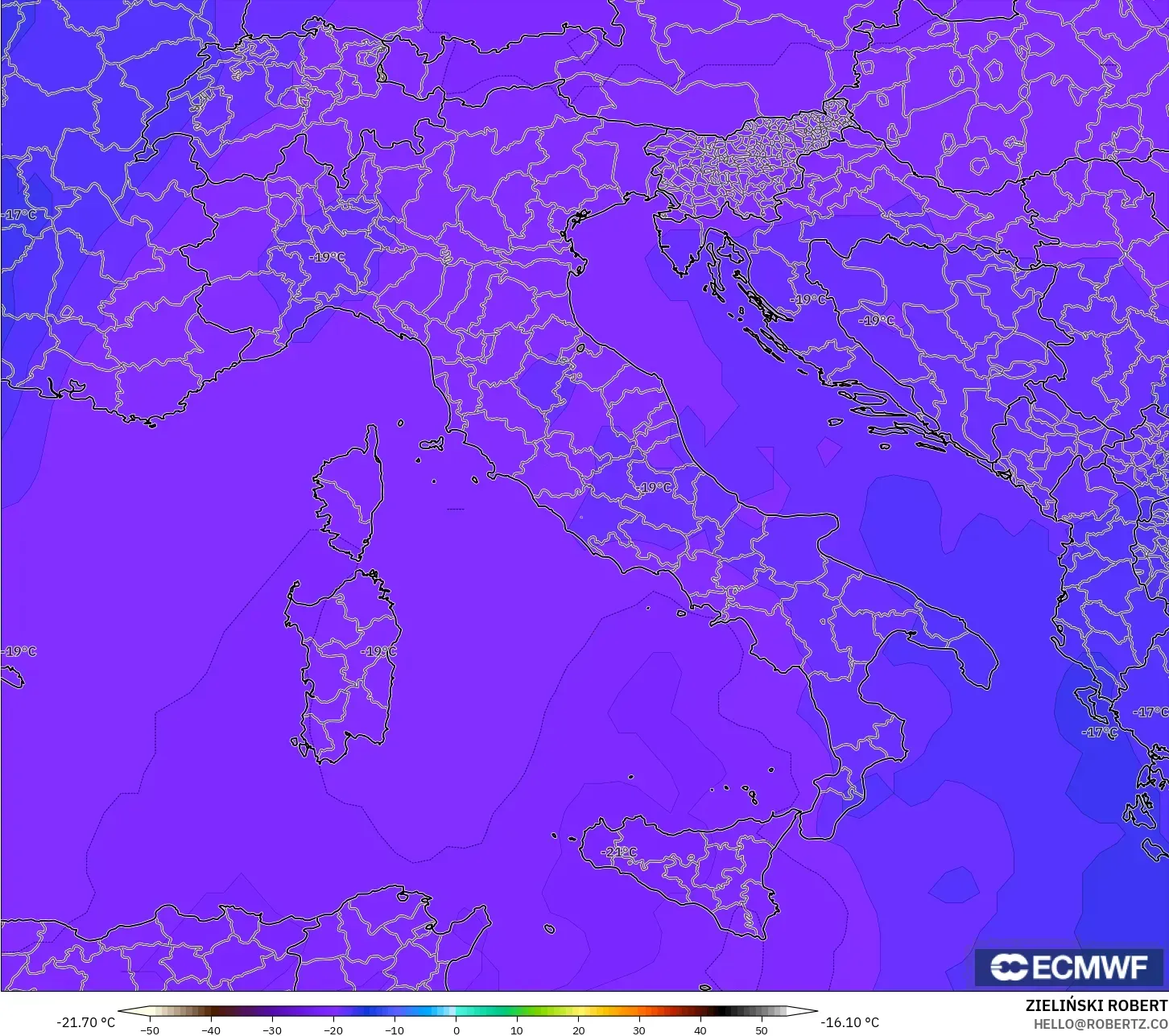 ECMWF IFS 0.25° نموذج - إيطاليا, درجة الحرارة 500 hPa