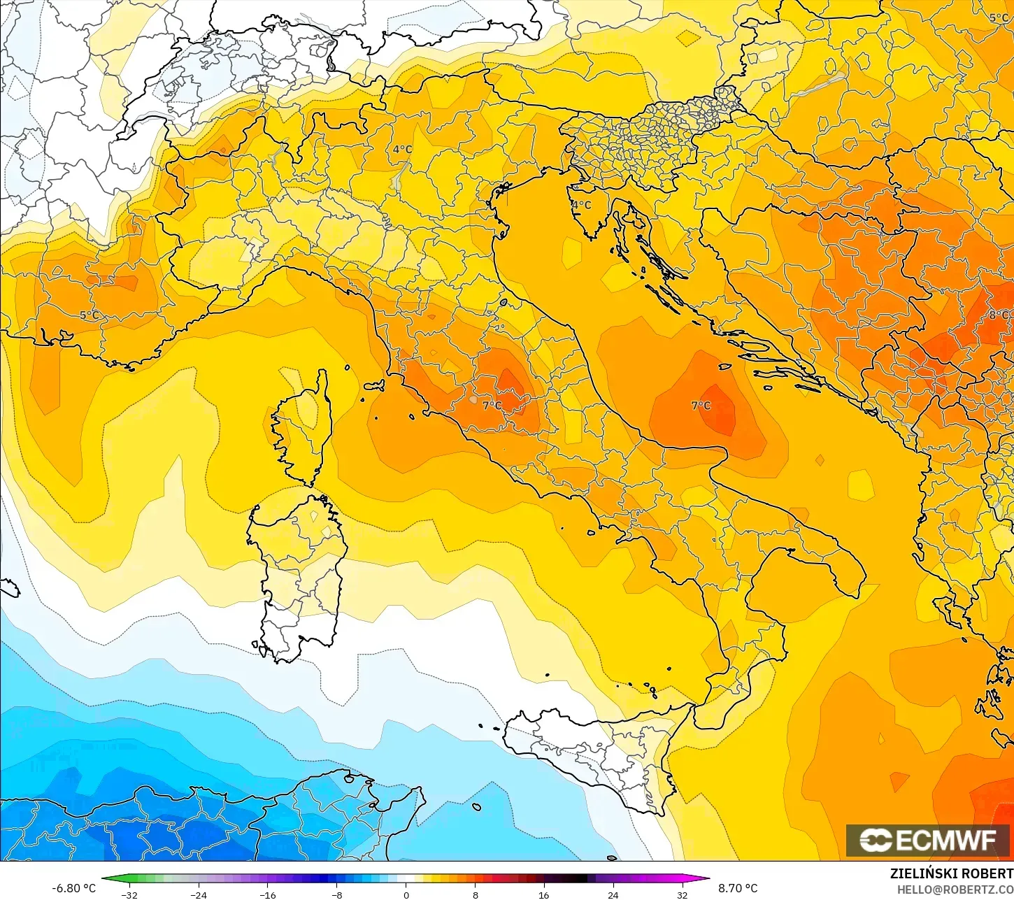 ECMWF IFS 0.25° نموذج - إيطاليا, انحراف درجة الحرارة 850 hPa