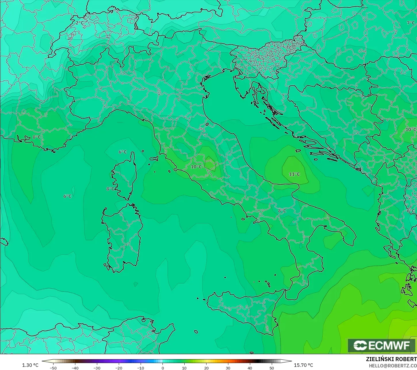 ECMWF IFS 0.25° نموذج - إيطاليا, درجة الحرارة 850 hPa