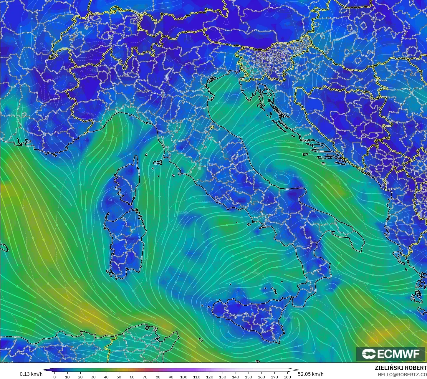 ECMWF IFS 0.25° نموذج - إيطاليا, رياح 10 م