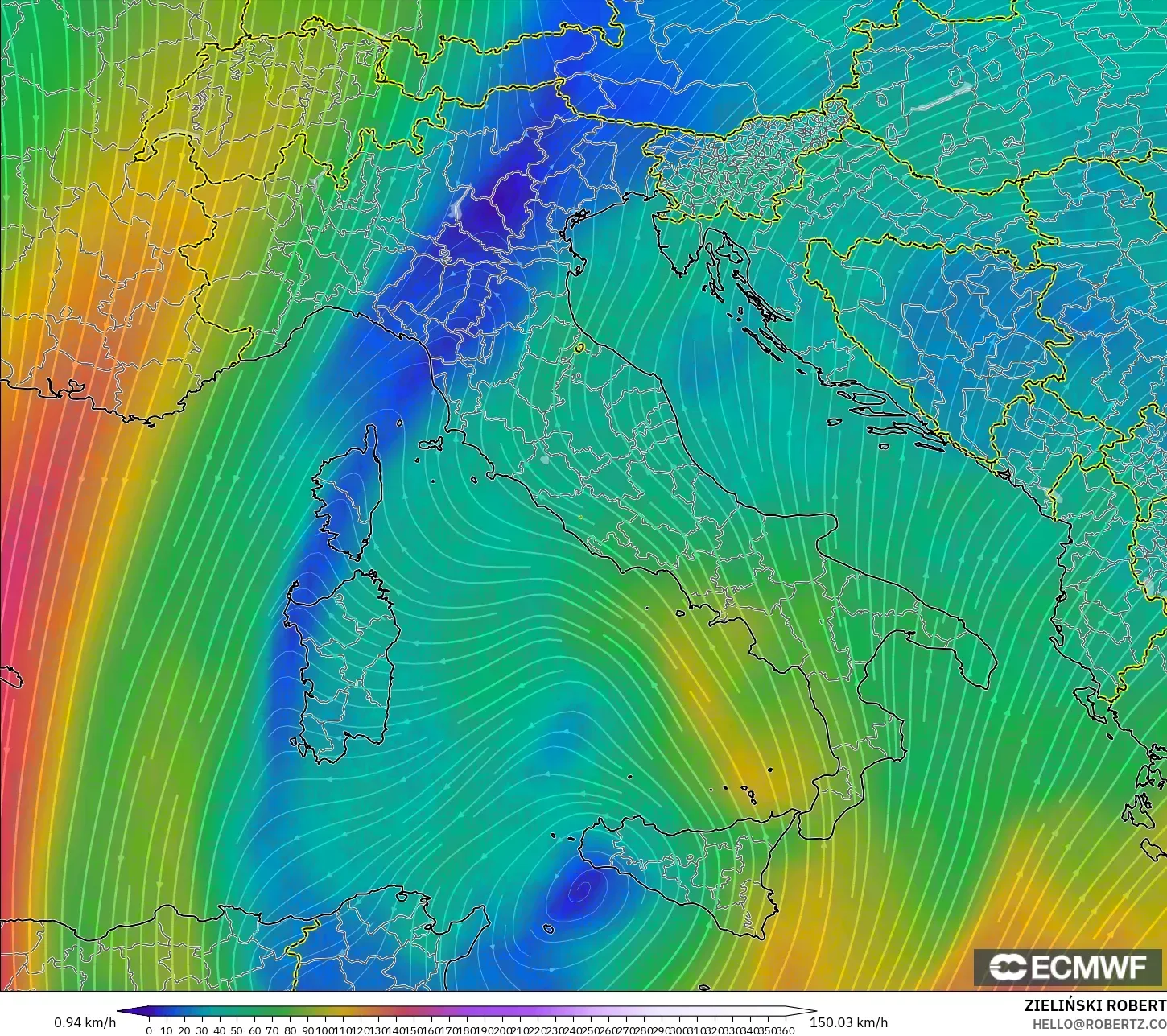 ECMWF IFS 0.25° نموذج - إيطاليا, رياح 300 hPa (تيار نفاث)
