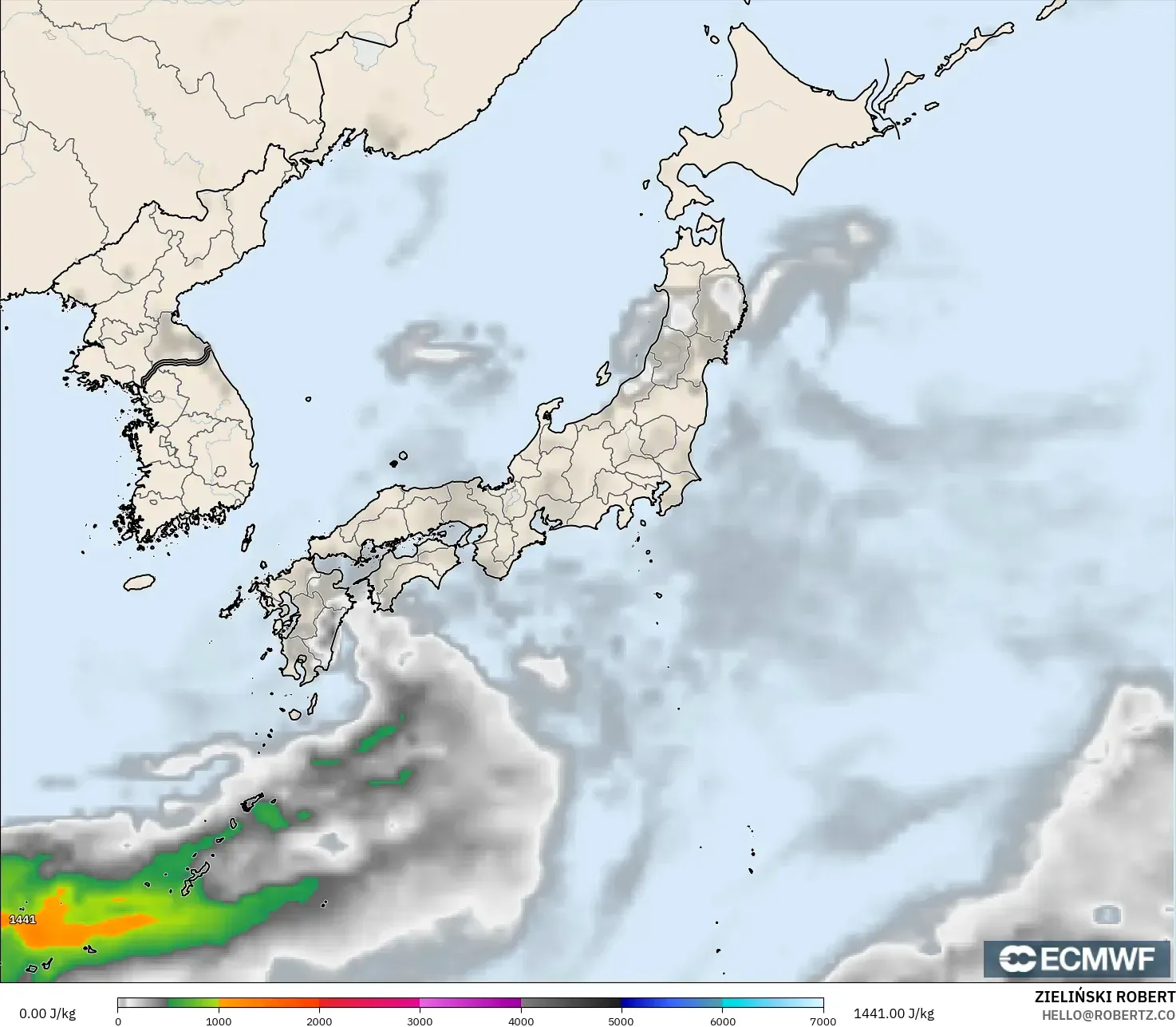 ECMWF IFS 0.25° model - Japan, CAPE