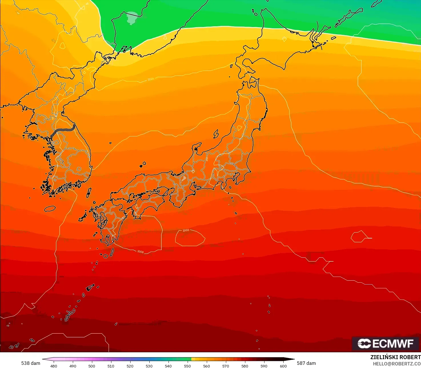 ECMWF IFS 0.25° model - Japan, Geopotential height at 500hPa