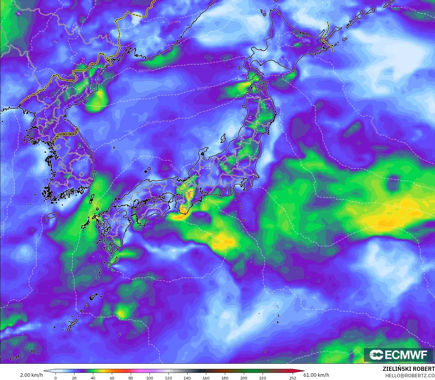 ECMWF IFS 0.25° نموذج - اليابان, هبات الرياح