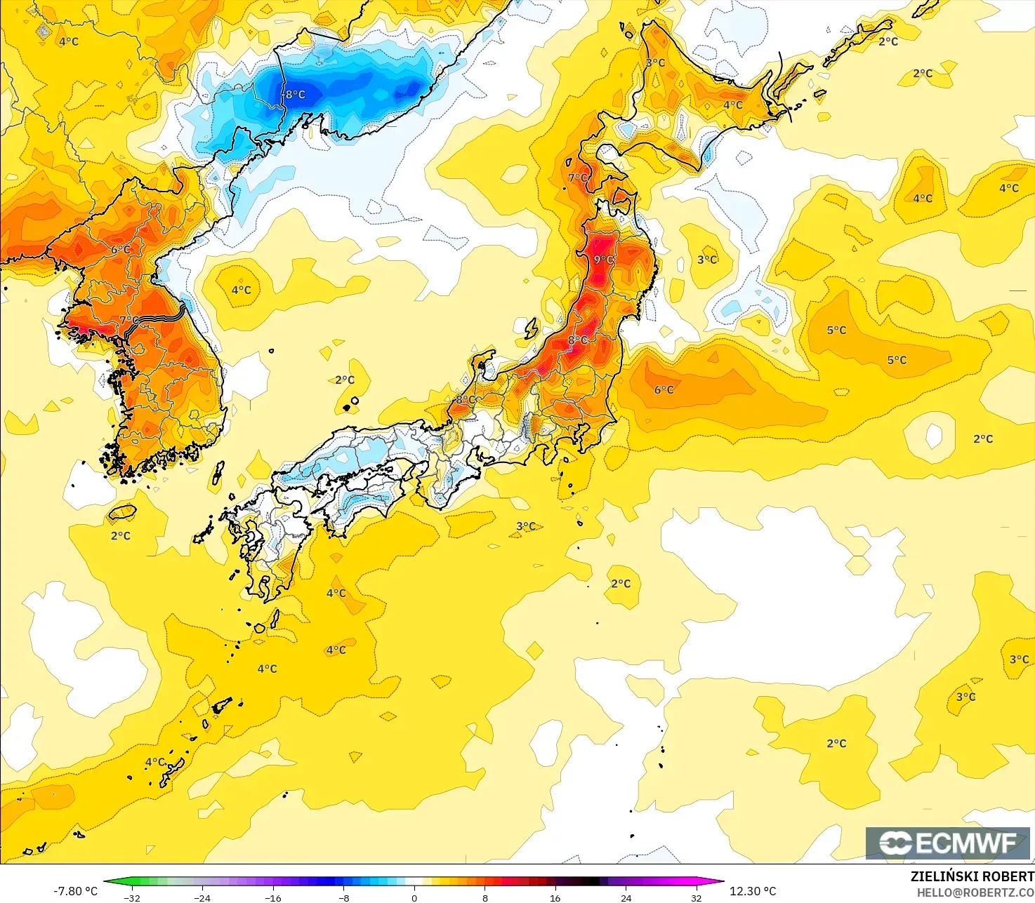 ECMWF IFS 0.25° model - Japan, Temperature at 2m Anomaly