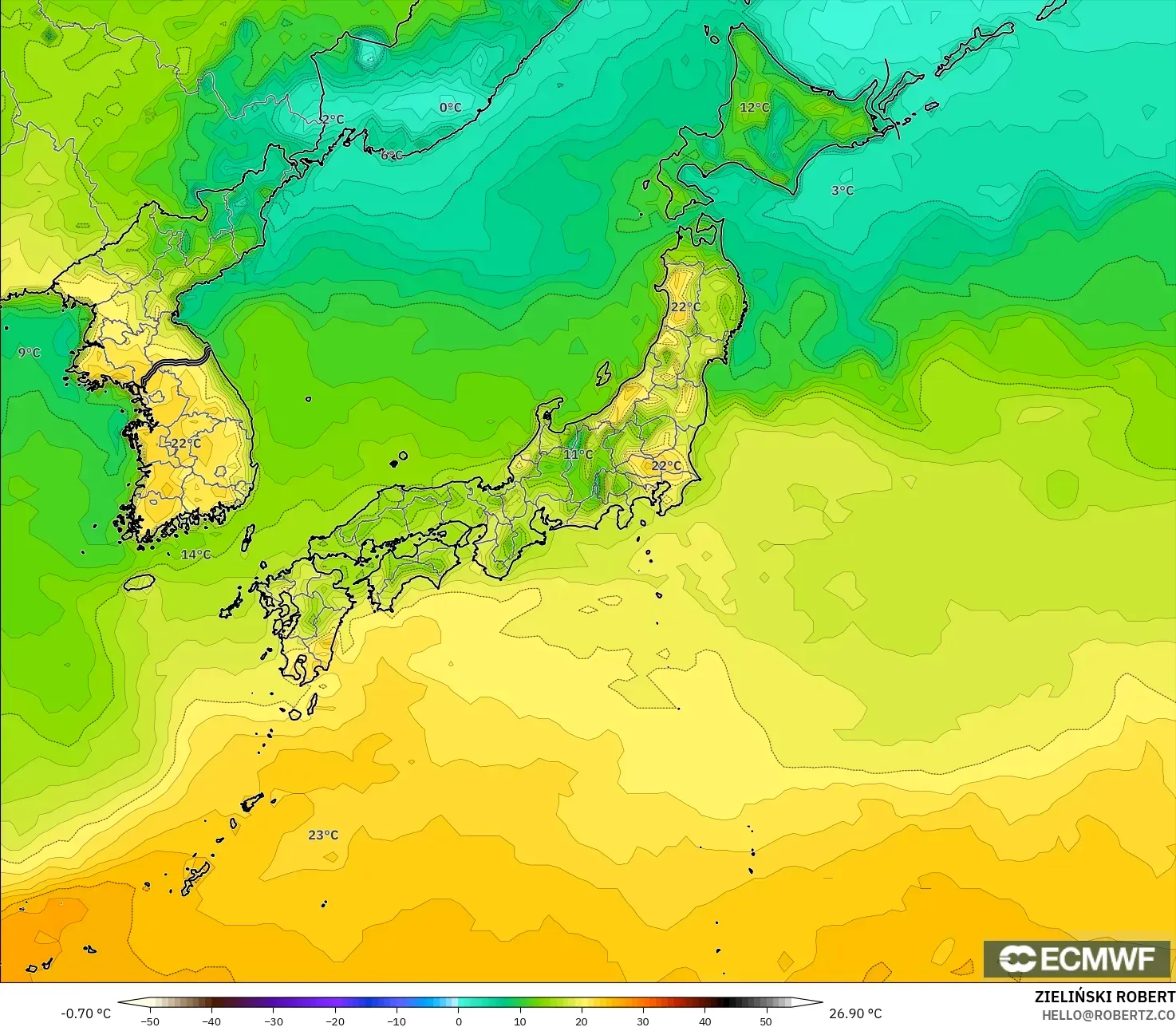ECMWF IFS 0.25° نموذج - اليابان, درجة الحرارة على ارتفاع 2 م