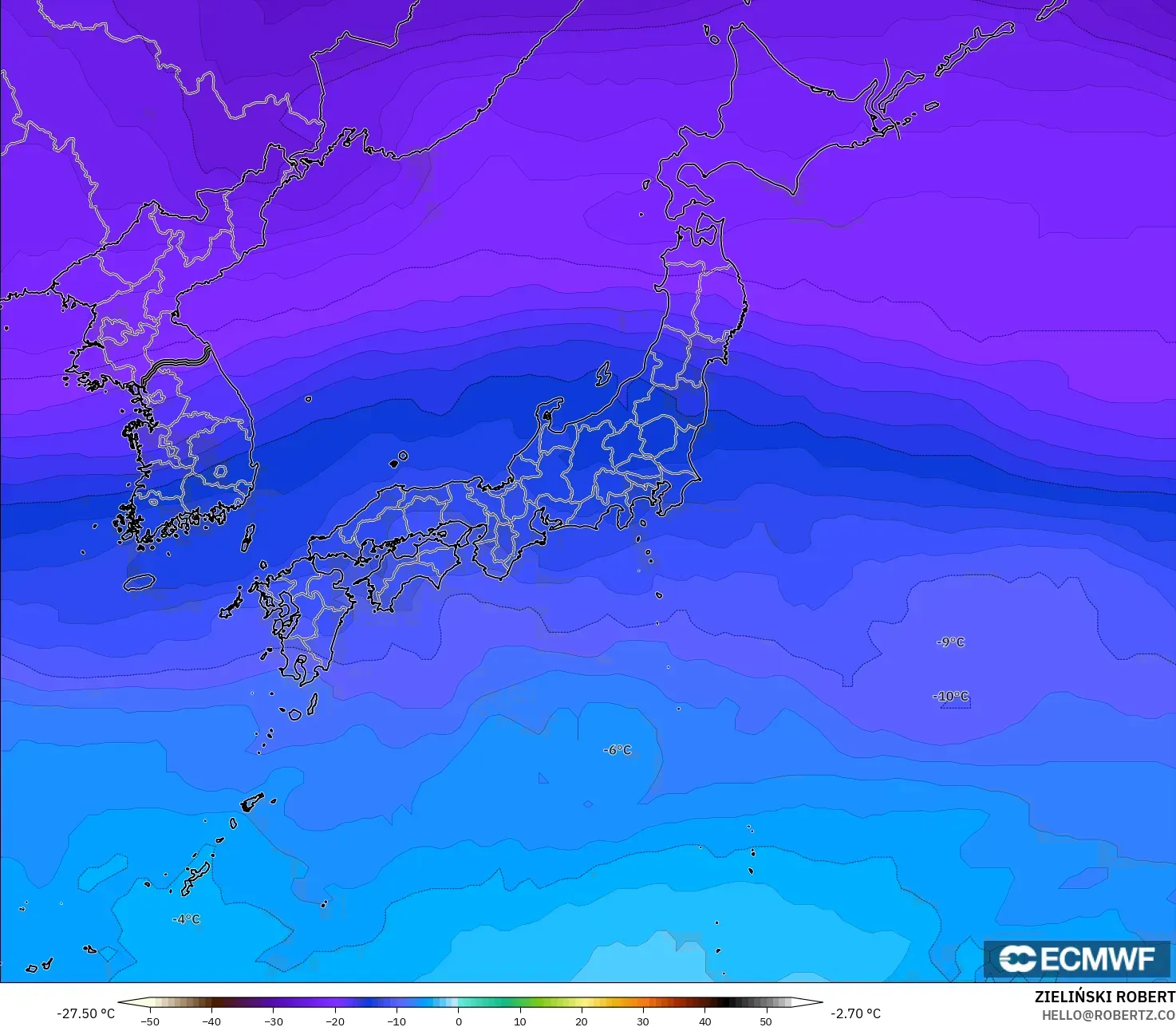ECMWF IFS 0.25° نموذج - اليابان, درجة الحرارة 500 hPa
