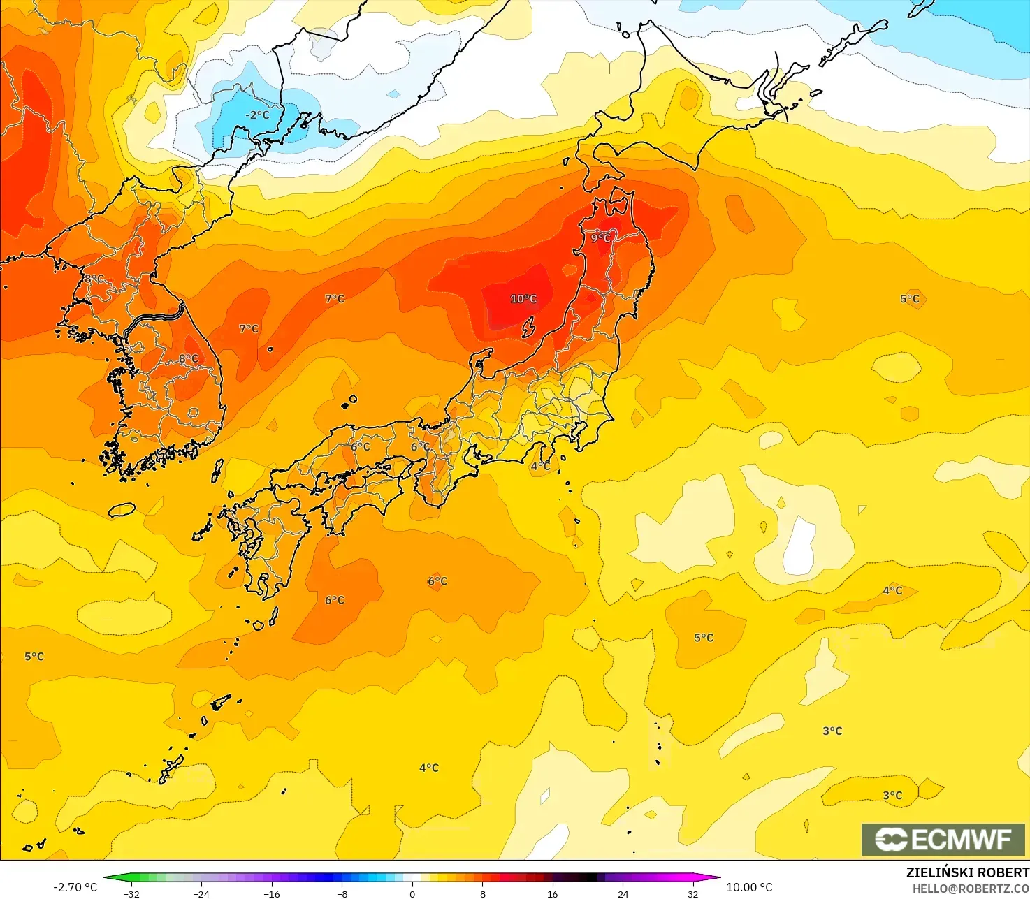 ECMWF IFS 0.25° نموذج - اليابان, انحراف درجة الحرارة 850 hPa