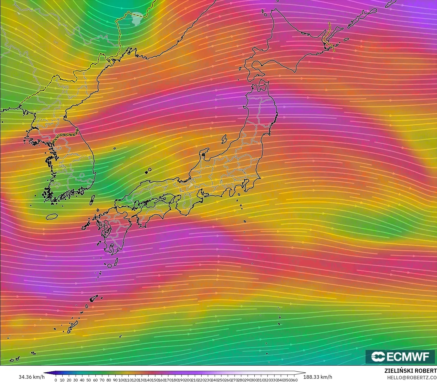 ECMWF IFS 0.25° نموذج - اليابان, رياح 300 hPa (تيار نفاث)