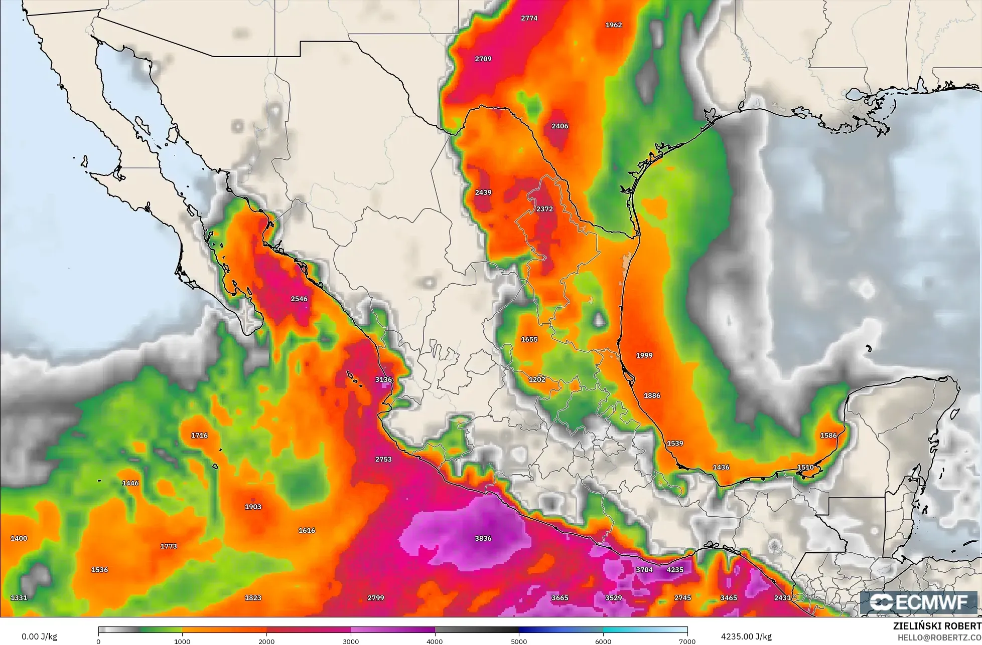 ECMWF IFS 0.25° model - Mexico, CAPE