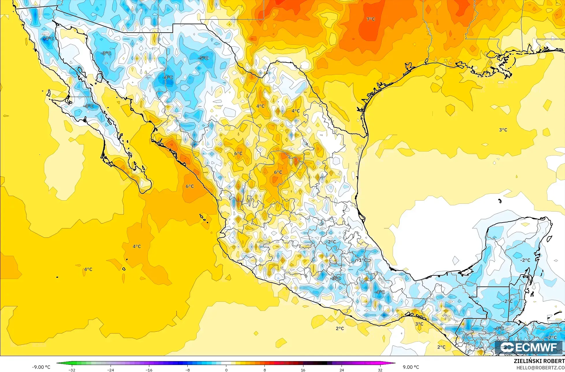 ECMWF IFS 0.25° model - Mexico, Temperature at 2m Anomaly