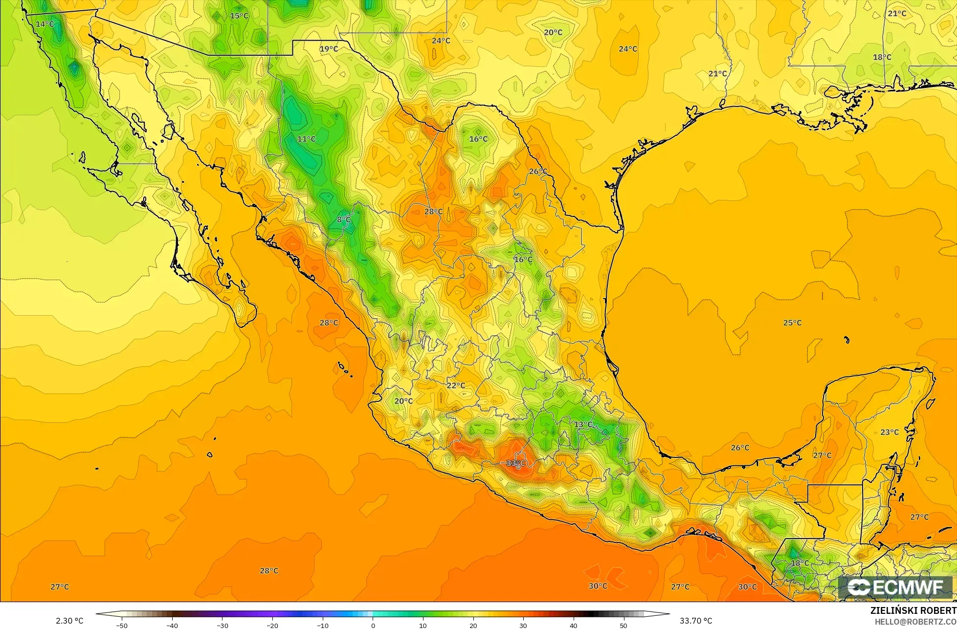 ECMWF IFS 0.25° نموذج - المكسيك, درجة الحرارة على ارتفاع 2 م