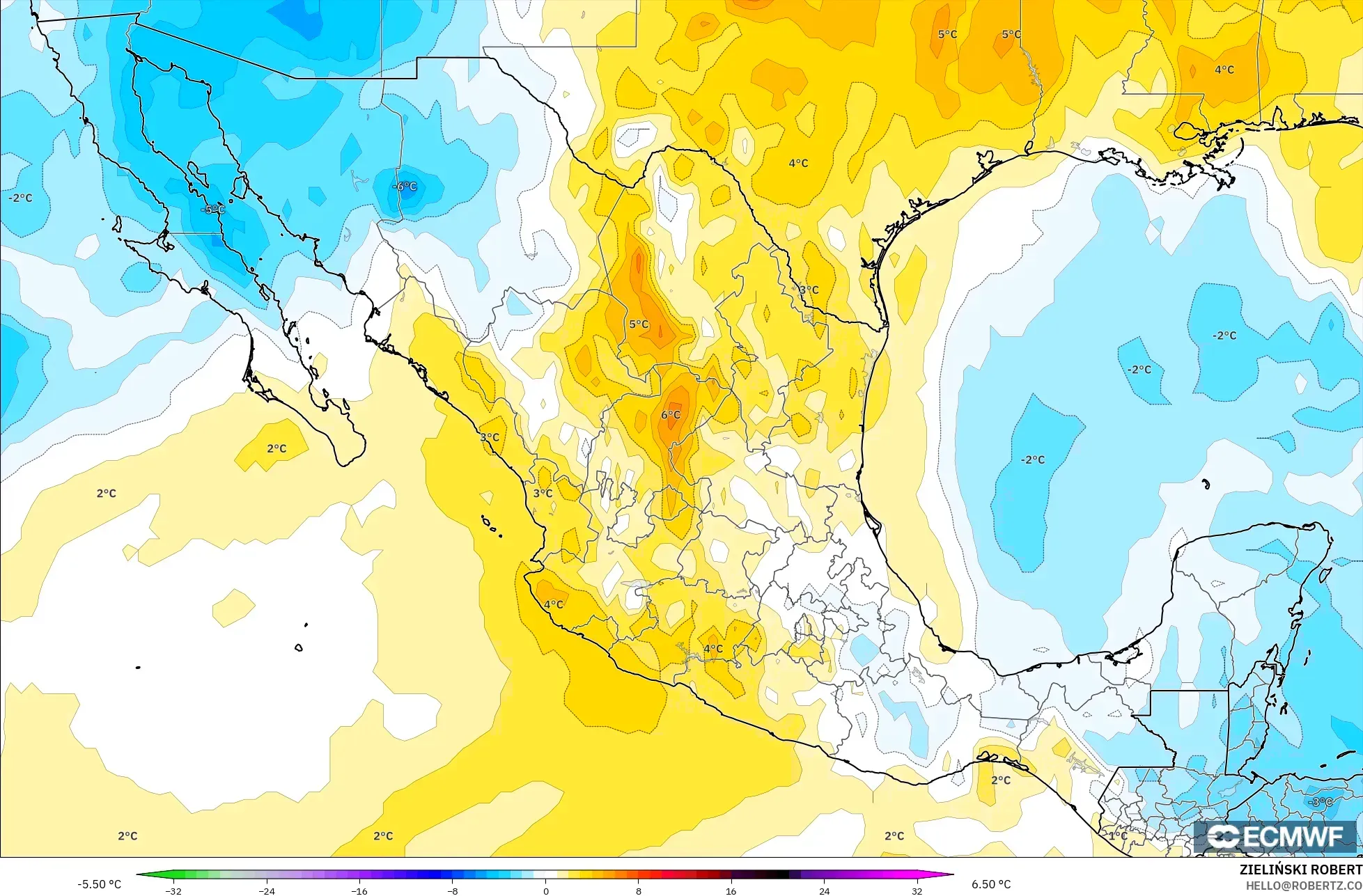 ECMWF IFS 0.25° نموذج - المكسيك, انحراف درجة الحرارة 850 hPa