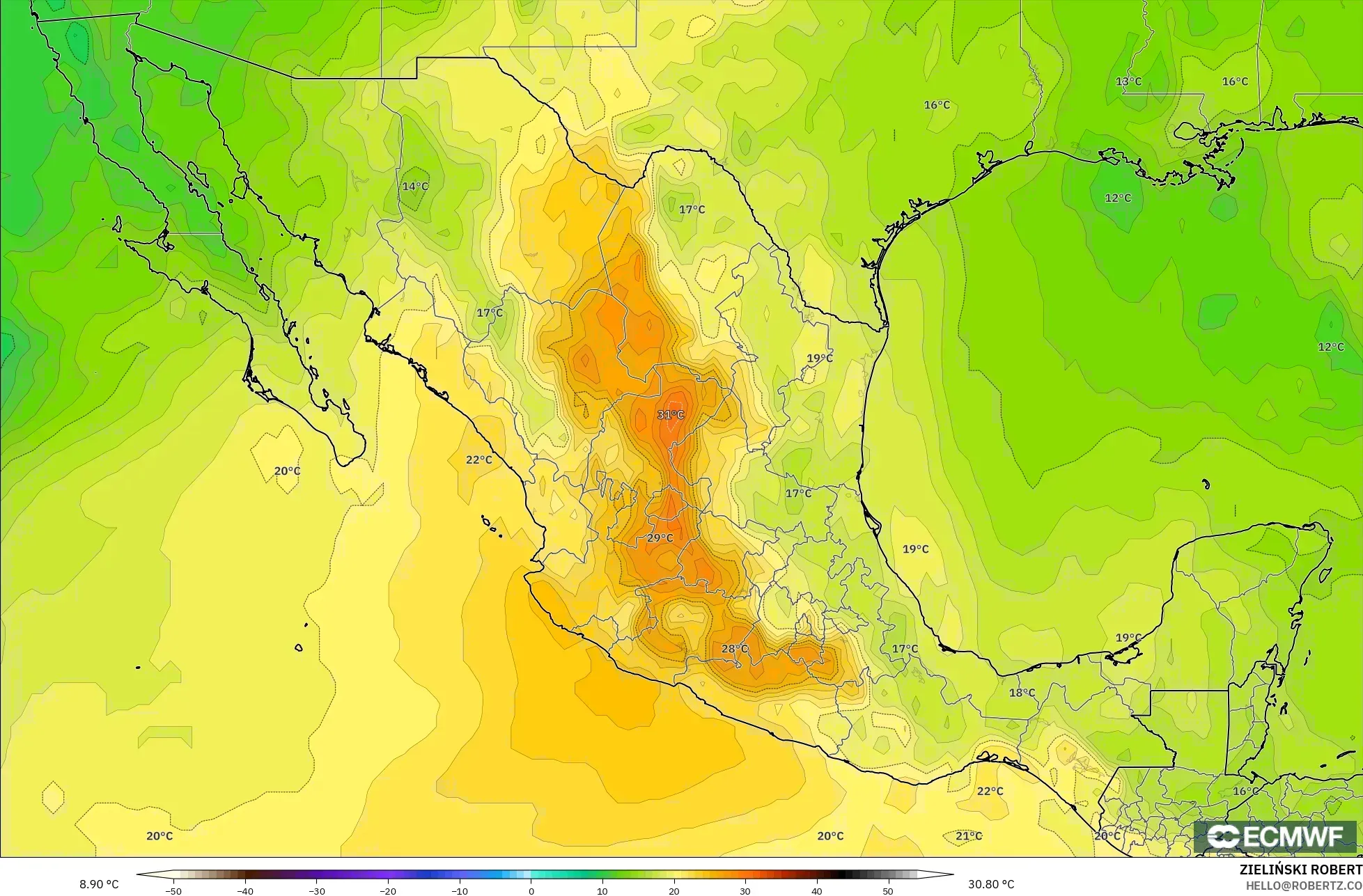 ECMWF IFS 0.25° نموذج - المكسيك, درجة الحرارة 850 hPa