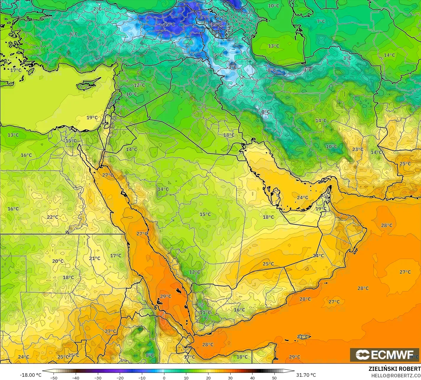 ECMWF IFS 0.25° نموذج - الشرق الأوسط, درجة الحرارة على ارتفاع 2 م