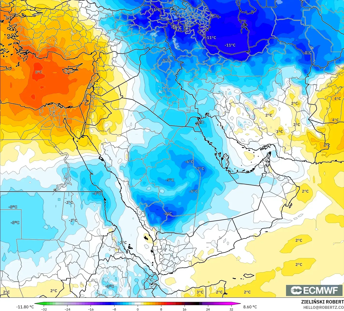 ECMWF IFS 0.25° نموذج - الشرق الأوسط, انحراف درجة الحرارة 850 hPa