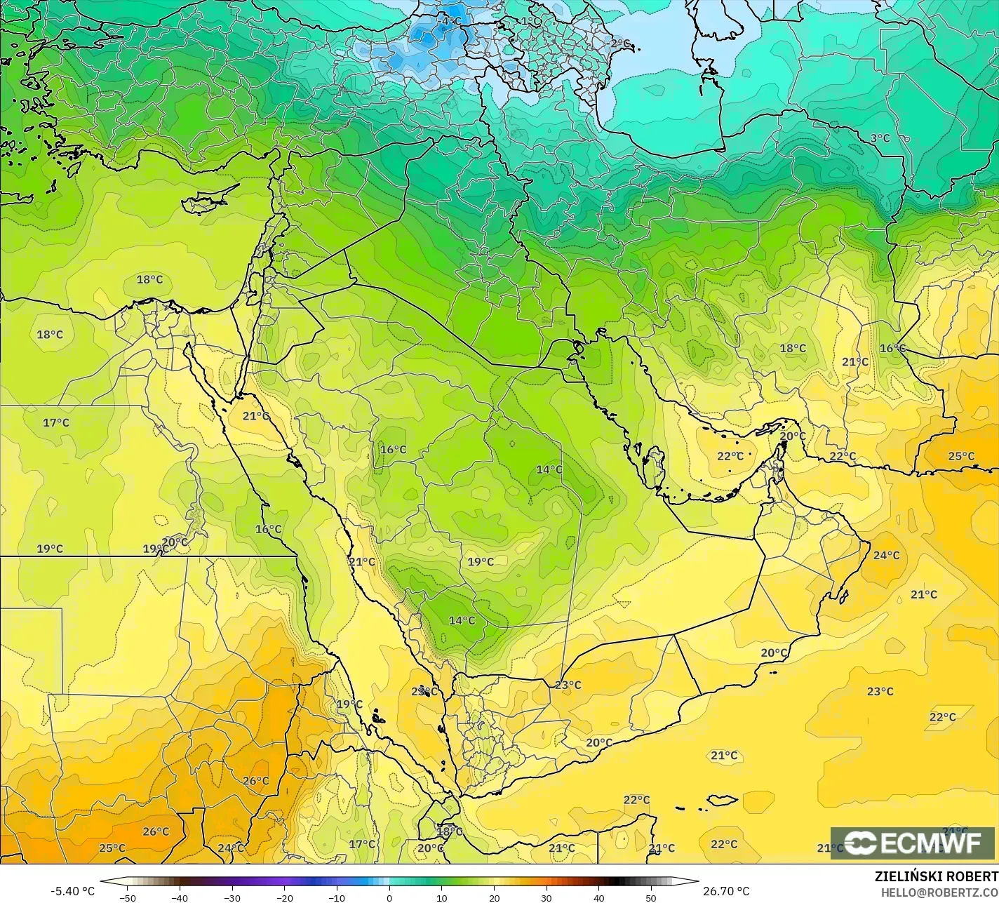 ECMWF IFS 0.25° نموذج - الشرق الأوسط, درجة الحرارة 850 hPa
