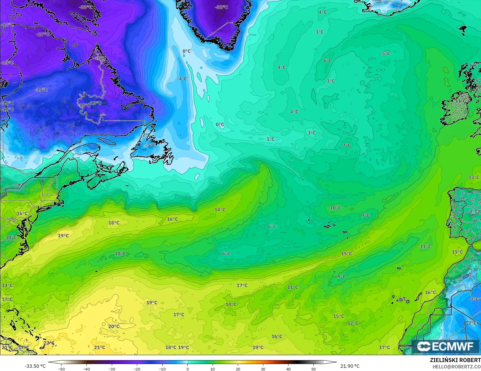 ECMWF IFS 0.25° نموذج - شمال الأطلسي, نقطة الندى 2 م