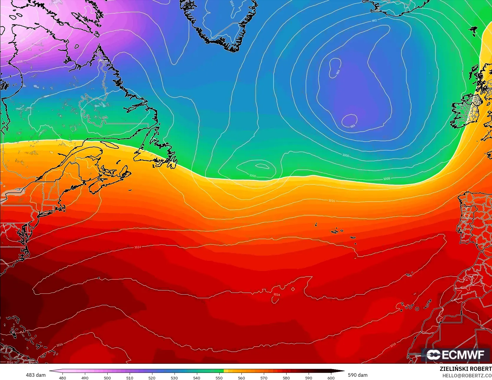 ECMWF IFS 0.25° نموذج - شمال الأطلسي, الارتفاع الجهدي عند 500 هكتوباسكال
