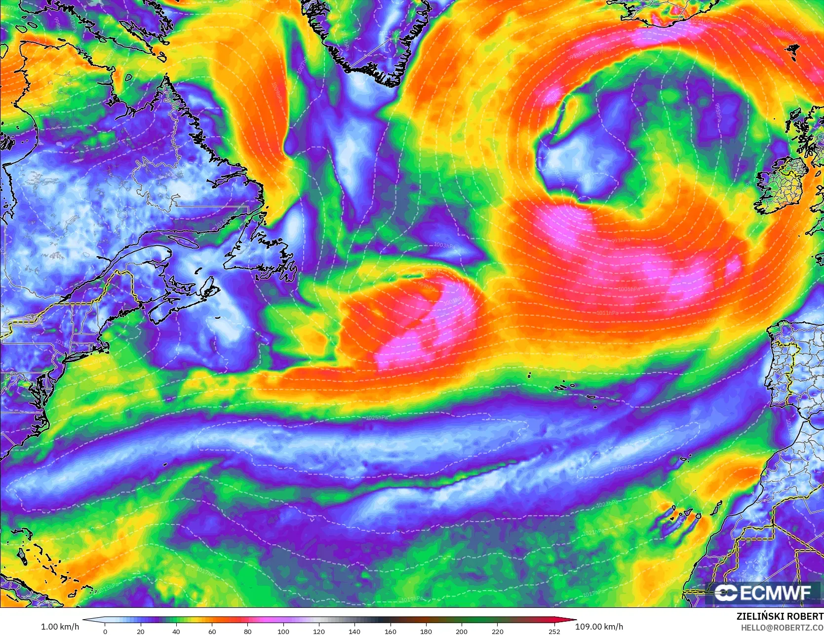 ECMWF IFS 0.25° نموذج - شمال الأطلسي, هبات الرياح